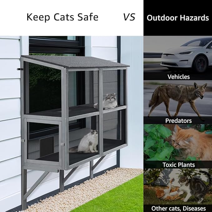 beeNbkks 2 Tiers Bug Proof Cat Catio, Window Cat House with Metal Mesh, Outdoor Enclosure for Indoor Pets, Expandable Wooden Perch, Safe Comfortable Haven for Pets, Keep Bugs Insects Out