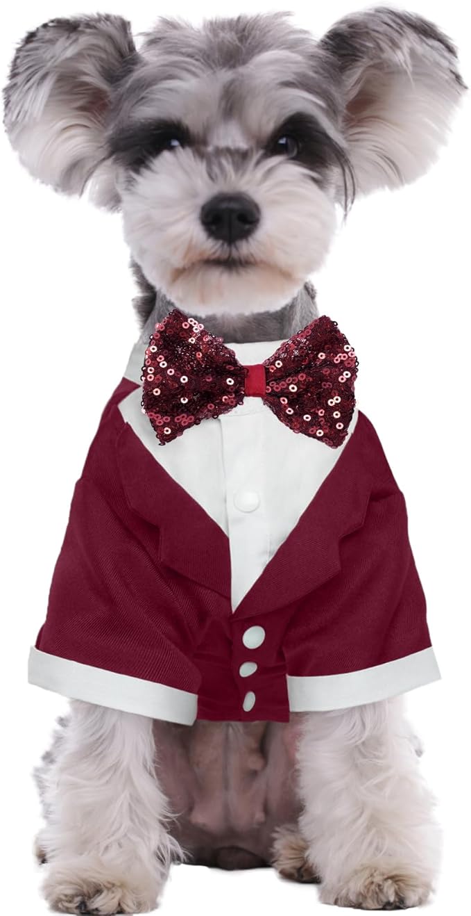 Kuoser Dog Tuxedo, Formal Dog Costume with Bow Tie Pet Wedding Suit Party Birthday Outfit, Dogs Tux Soft Shirt for Valentines Christmas Halloween Graduation Cosplay, Burgundy S