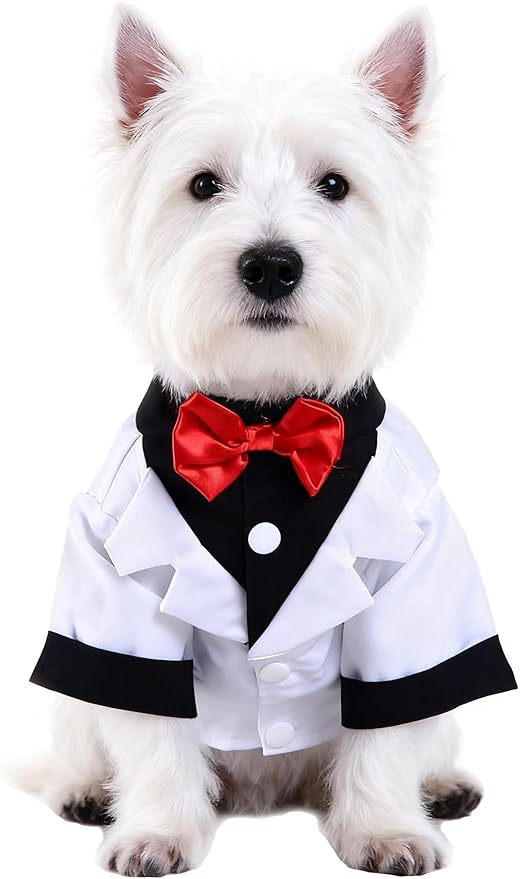 GabeFish Pets Wedding Jackets Suit for Dogs with Bow Tie Puppy Cat Formal Clothes Shirt Tuxedo (White, L (Chest 17.3in/44cm)