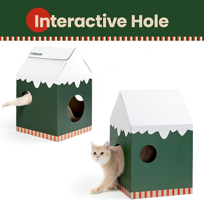 Conlun Cardboard Cat House with Scratch Pad & Catnip, Cat Play Scratching House for Indoor Hideaway Furniture, Heavy Duty Sturdy Cardboard Scratcher, Easy to Assemble Birthday Gift, Medium