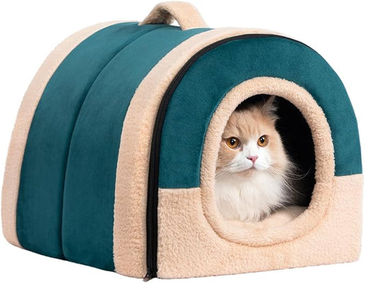 Hollypet Cat Bed Self-Warming 2 in 1 Foldable Kitty Cave Hut House Nest Pet Sleeping Bed, Crystal Velvet Pet Condo for Indoor Cats, Green Arched Cave