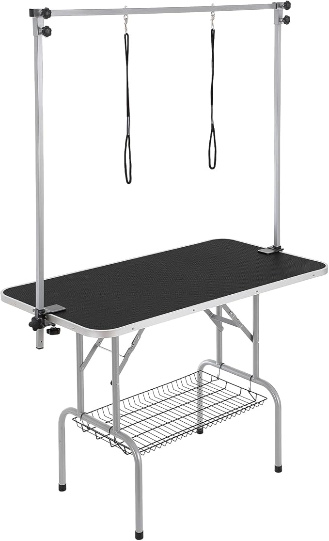 VEVOR Pet Grooming Table, 46 Inch Grooming Station with 2 Height Adjustable Arms, 330LBS Static Load Capacity, Foldable Dog Groom Station with No-Sit Haunch Holder with Loop, for Medium/Small Dogs