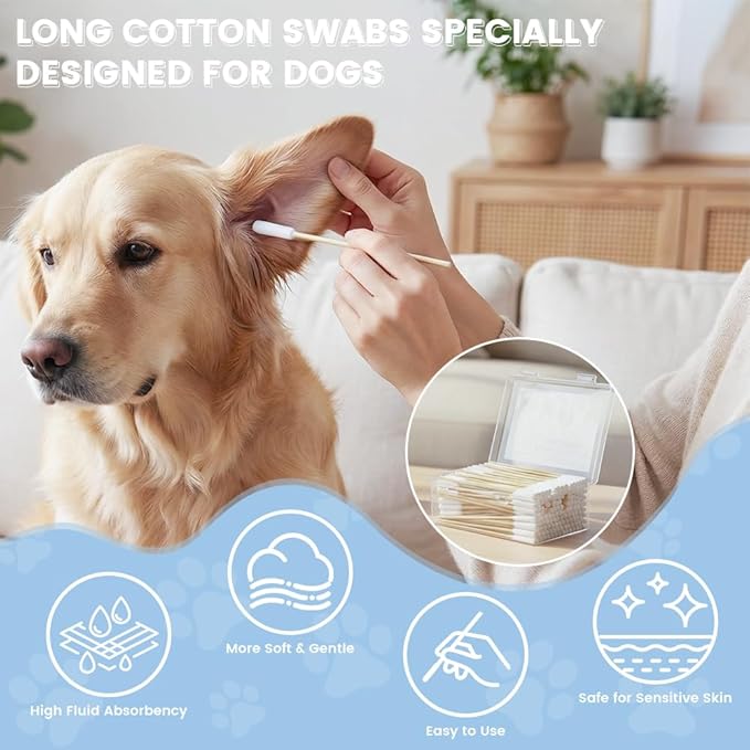 100 Pcs Dog Ear Swabs - 6 Inch Long Cotton Swabs with Absorbency Soft Cotton Tips for Dog Ear Cleaning, Sturdy Bamboo Sticks & Gentle and Lint-Free - Ideal for Pet Cleaning Solution