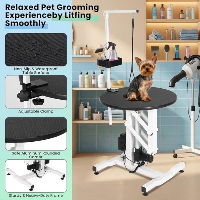 24 Inch Electric Dog Grooming Table with Rotating Desktop, Adjustable Overhead Arm & Foot Remote, 250lbs Heavy Duty Pet Grooming Station for Small Dogs Cats at Home or Salon