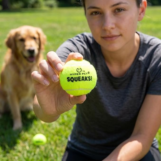 Hyper Pet Squeaks! Dog Tennis Balls Pack of 2 | Durable Squeaky Tennis Ball Fetch Toys for Dogs | Lightweight, High-Bounce for Training, for Dogs 20-60 lbs, Interactive Dog Toy, Size Medium, 2.5-inch