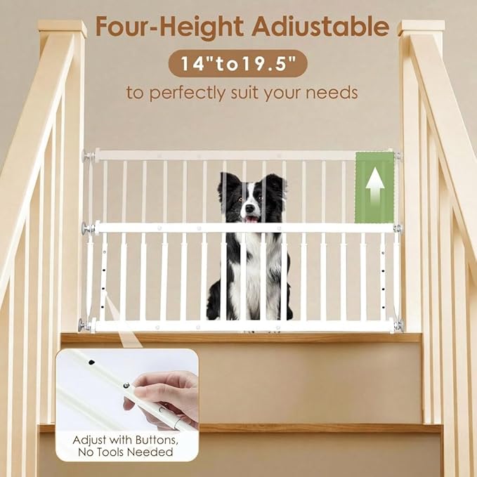 14''-19.5'' Height Adjustable Dog Gate, Extra Wide 18.1"-53" All Metal Short Dog Gate to Step Over, Pressure Mount Small Pet Puppy Gate for Stairs & Doorways(White)