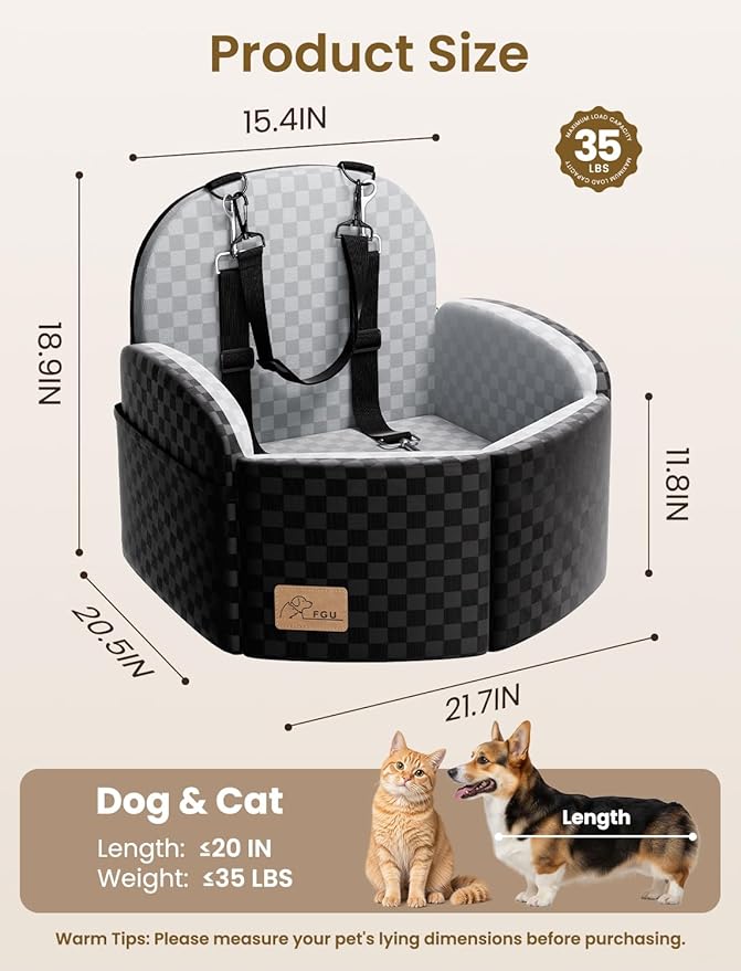 Dog Car Seat for Small/Medium Dogs, Elevated Dog Booster Seat with Memory Foam Cushion for Dogs Under 35lbs, Detachable Washable Pet Car Seats with Storage Pockets & 2 Safety Belts (Grey)