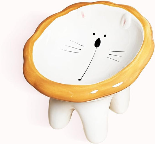 Lion Themed Tilted Ceramic Pet Bowl - High-Raised Cat/Dog Dish, 15° Anti-Regurgitation, 120g Large Capacity