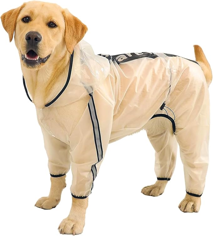 Olsa Dog Raincoat, Dog Hooded Slicker Poncho, 4 Legs Rain Jacket with Reflective Stripe, Water Proof Rain Snow Clothes with Hood for Small Medium Dogs