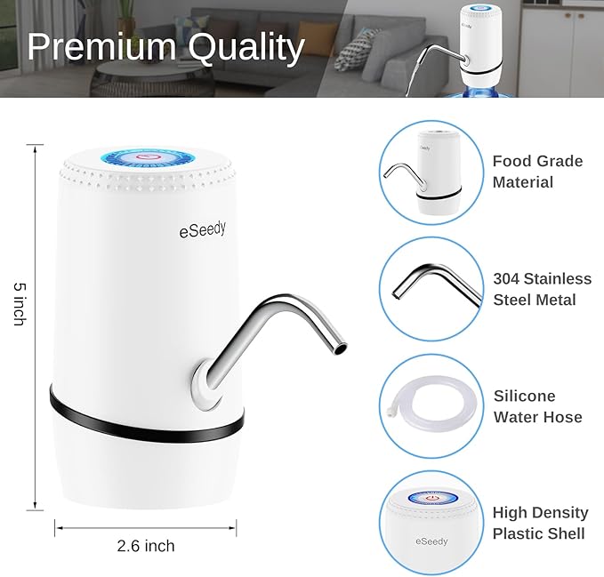 Water Pump for 5 Gallon Bottle, USB Charging Automatic Water Dispenser with Rechargeable Battery, Portable Electric Drinking Water Jug Pump for Home, Kitchen, Living Room, Office, Camping - White