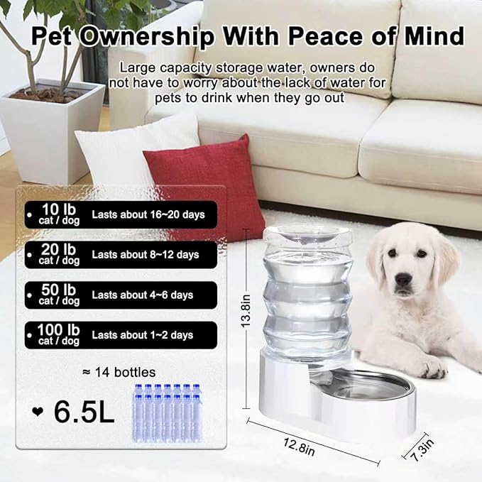 RIZZARI 6.5L Stainless Steel Pet Water Dispenser – Gravity Auto-Refill Waterer with Ion Exchange & Activated Carbon for Cats & Small Dogs, Spill-Resistant for Homes & Indoor Pet Spaces