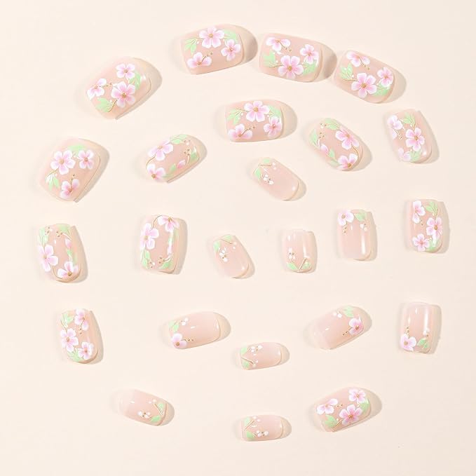 yefiuo Summer Press on Nails Short Square Pink Fake Nails Press ons Gilded Flowers Acrylic False Nails Glue on Nails Reusable Nail Tips Kit Full Cover Stick on Nail Supplies for Women Girls 24Pcs