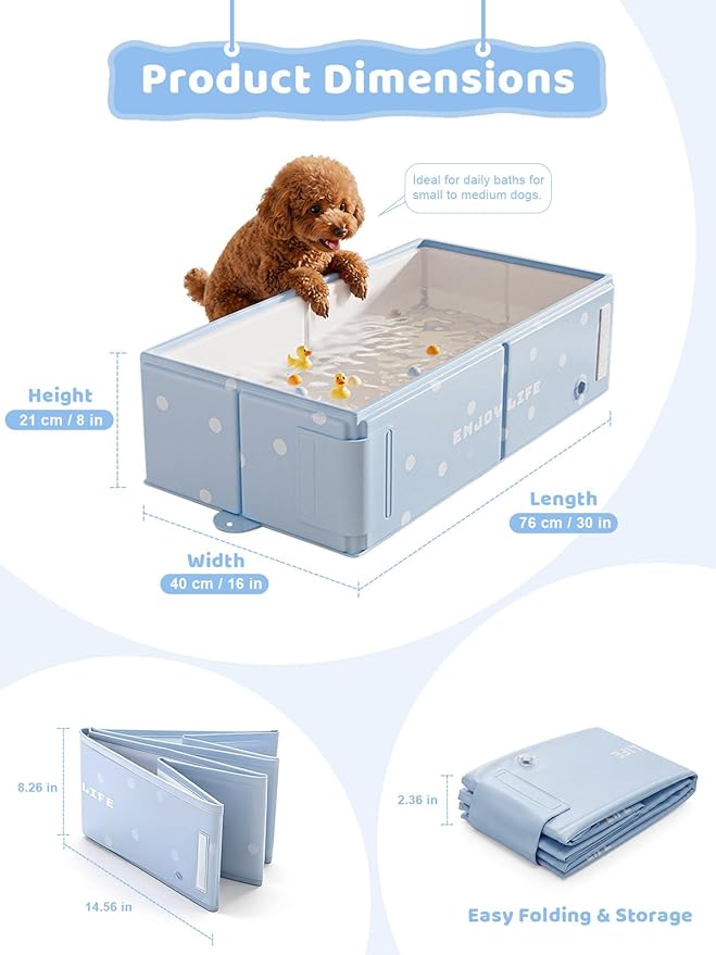 Collapsible Pet Bathtub with Side Drain Plug,Easy Hanging, Foldable Portable Tub for Dogs Bath, Non-Slip Rigid Waterproof Dog Bath Tub for Home, for Small Dogs, Medium Dogs & Cats (Blue)