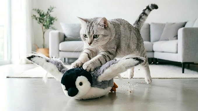 Automatic Flapping Penguin Cat Toy, Realistic Moving Wings Plush Bird Toy with Built‑in Motor & Battery, Interactive Stimulating Kicker Toy for Indoor Cats, USB Rechargeable Pet Entertainment Toy