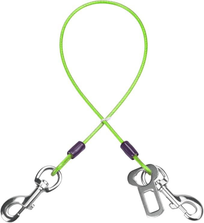 Dog Seat Belt Harness for Car,2pcs Dog Seatbelt of Coated Wire Leash Safety Restraint,No Chew Tether Cable Vehicle Dogs Accessories,Double Clips & Latch (Green, 16 inch/40 CM)