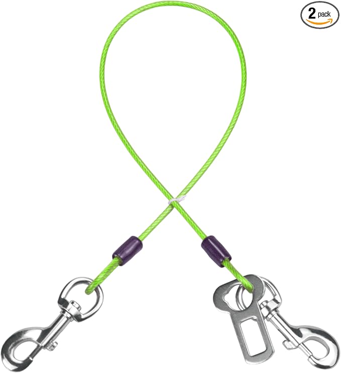 Dog Seat Belt Harness for Car,2pcs Dog Seatbelt of Coated Wire Leash Safety Restraint,No Chew Tether Cable Vehicle Dogs Accessories,Double Clips & Latch (Green, 24 inch/60 CM)