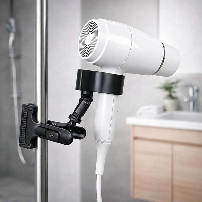 360 Degree Rotating Hands Free Hair Dryer Holder Sturdy Metal Base and Strong Clamp Adjustable and Flexible Blow Dryer Stand for Easy Styling Stable and Easy Installation