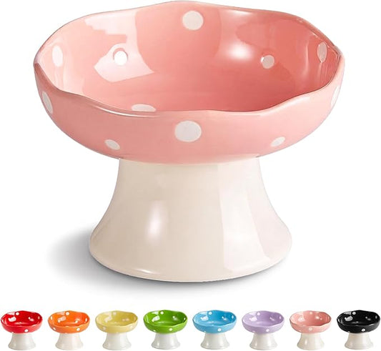 Mushroom Shaped Ceramic Elevated Cat Bowl, Tilted Whisker Friendly Feeding Dish for Indoor Cats, Wide Raised Pet Bowl, Dishwasher Safe (Pink)