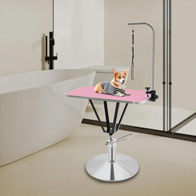 Hydraulic Pet Grooming Table with Adjustable Arms, 360 Degree Table Top Swivel Maximum Load 220 lbs Professional Pet Grooming Table, 34in Hydraulic (Pink,Rectangular)