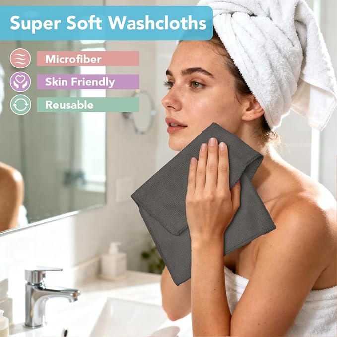 Orighty Microfiber Washcloths 20 Pack – Soft, Quick-Dry Face & Hand Towels for Travel, Gym, Spa, Hotel, 11.5"x11.5", Grey