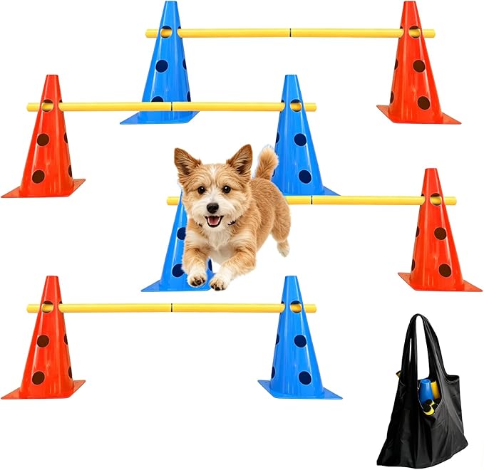 TNZMART Dog Agility Jumps Hurdles and Weave Poles Training Equipment Set Adjustable Dog Cones Obstacle Course for Backyard Portable Canine Exercise Kit with Carry Bag (Mix 4, 13 in)