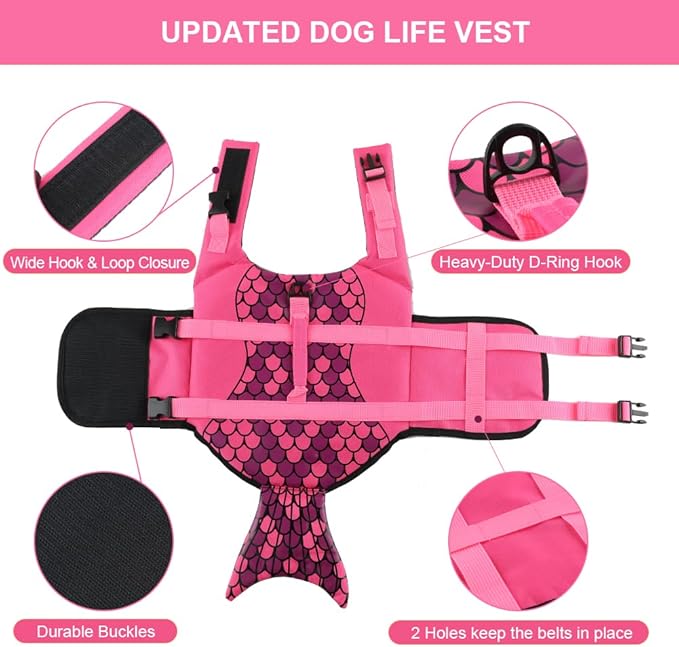 EMUST Dog Life Jacket Mermaid, Ripstop Dog Life Vests with Rescue Handle for Small Medium and Large Dogs, Pet Safety Swimsuit Preserver for Swimming Pool Beach Boating, XS
