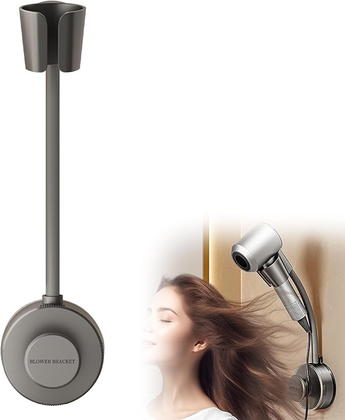 Hair Dryer Stand Hands Free Wall, 360 Adjustable Hose Positionable Arm and strong adhesive Suction Cup Hair dryer storage rack for Ceramic Tile (Grey 1Pack)