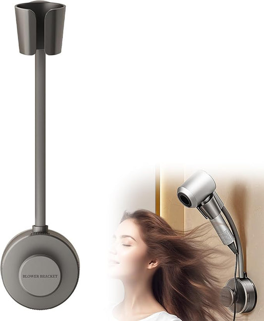 Hair Dryer Stand Hands Free Wall, 360 Adjustable Hose Positionable Arm and strong adhesive Suction Cup Hair dryer storage rack for Ceramic Tile (Grey 1Pack)