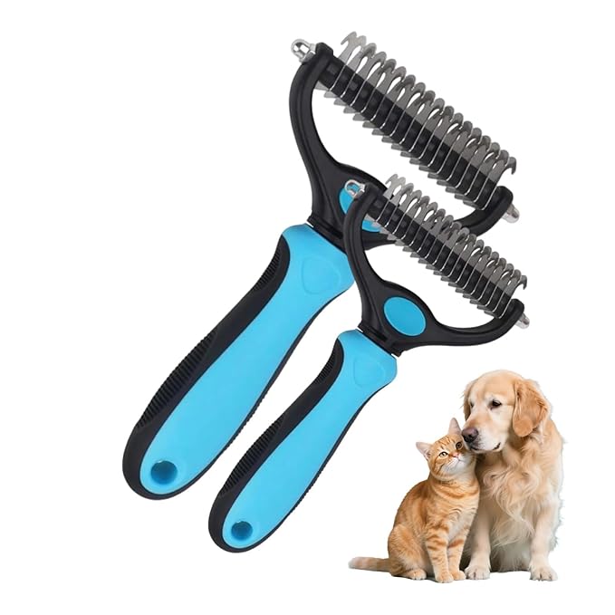 Sakerplus Pet Grooming Tool for Dogs & Cats, Professional Deshedding & Dematting Brush, Stainless Steel Undercoat Rake for Long & Short Hair Pets, Gentle Pet Hair Remover Comb (Blue,Small+Large)