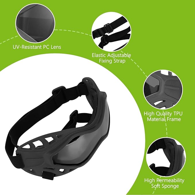 Dog Goggles for Medium to Large Breeds, Adjustable UV Protective Sunglasses with Soft TPU Frame and PC Lens, Windproof & Dustproof Pet Eye Wear for Outdoor Riding, Skiing and Driving (Gray Lens)