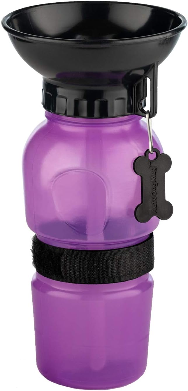 Highwave AutoDogMug Portable Dog Water Bottle, Squeeze Water Bottle with Built-in Travel Bowl for Dogs, Leak-Resistant BPA-Free Dog Water Dispenser for Walking, Hiking & Travel 20 oz (Purple)