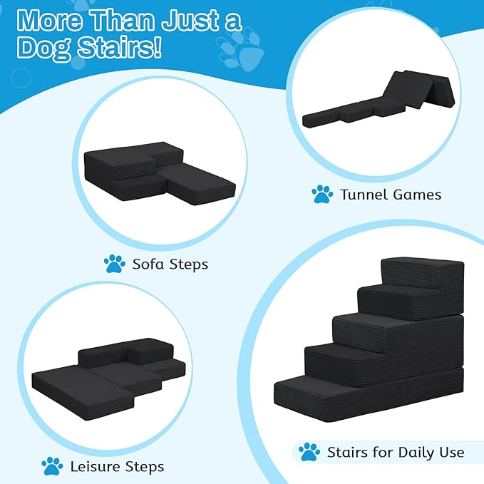 Dog Stairs for Small Dogs, 22" H Dog Steps for High Bed, 5 Steps 3 in 1 Foldable Pet Ramp for Large Cats Climb, Transformable Large Cats Ramp to Get on Couch, Non-Slip Balanced, Black