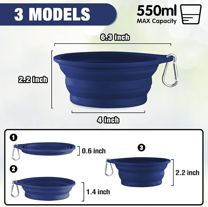 Rest-Eazzzy 2-Pack Silicone Collapsible Dog Bowls, BPA Free Dishwasher Safe, Portable Foldable Travel Bowl, Food Water Feeding Cup Dish for Dogs Cats with 2 Carabiners (Grey, Navy, 550 ML)