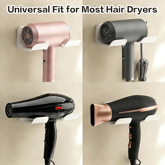 Universal Hair Dryer Holder Wall Mount, Blow Dryer Hanger with Plug Cord Organizer, No Drilling Self Adhesive for Bathroom Cabinet Door Vanity (1PCS, White)