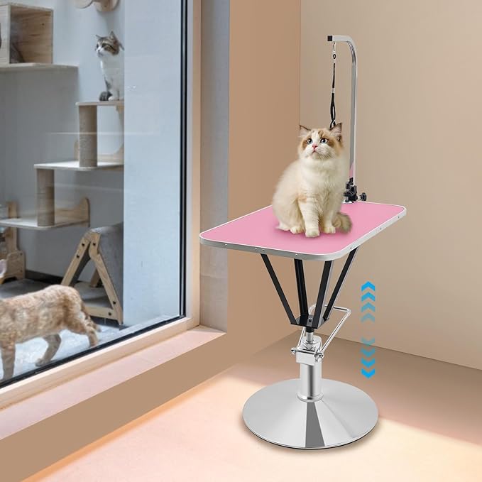 Hydraulic Pet Grooming Table with Adjustable Arms, 360 Degree Table Top Swivel Maximum Load 220 lbs Professional Pet Grooming Table, 34in Hydraulic (Pink,Rectangular)