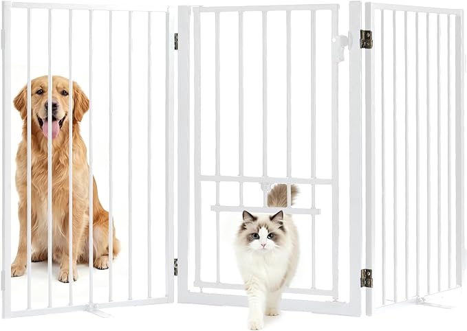 Full Metal Freestanding Dog Gate with Cat Door for Outdoor & Indoor,60" Extra Wide Foldable Pet Fence,30" Tall Free Standing Dog Gate for RV Camping,Stairs,Hallways,Doorways,Deck,Yard (3 Panels,White)