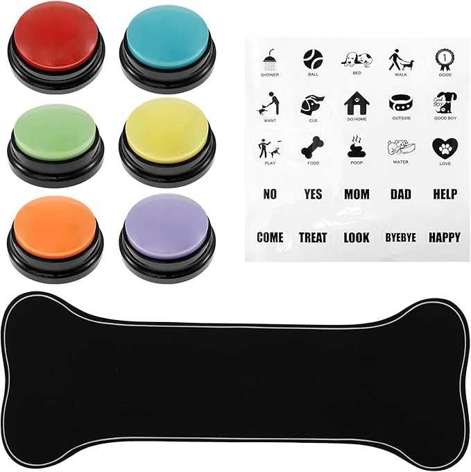 6 Pcs Dog Talking Button Set, Dog Buttons for Communication, 30s Recordable Voice Pet Training Buttons, Speaking Button for Dogs, Plastic Dog Training Button with Nonslip Mat and Stickers