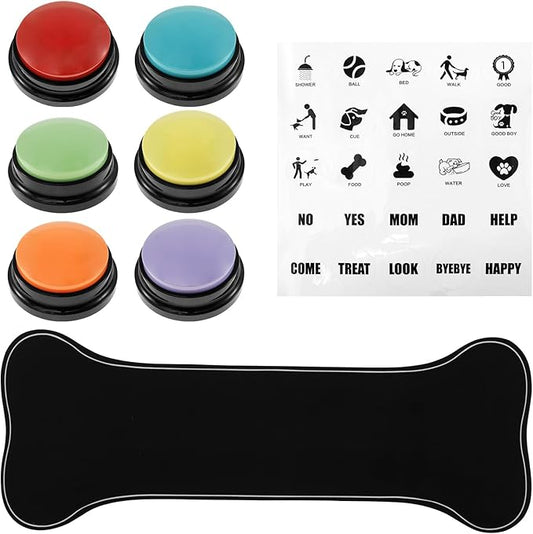 6 Pcs Dog Talking Button Set, Dog Buttons for Communication, 30s Recordable Voice Pet Training Buttons, Speaking Button for Dogs, Plastic Dog Training Button with Nonslip Mat and Stickers