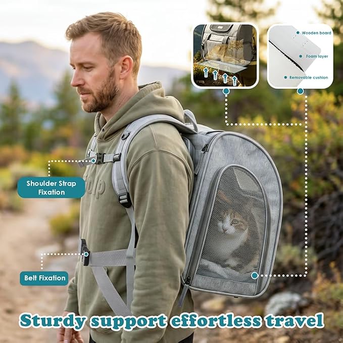 XIAPIA Cat Backpack Carrier, Expandable Large Pet Carrier Backpack Bag for Cats & Small Dogs Up to 20lbs, Foldable with Breathable Mesh for Hiking & Air Travel (16.5"x14.9"x9.8", Grey)