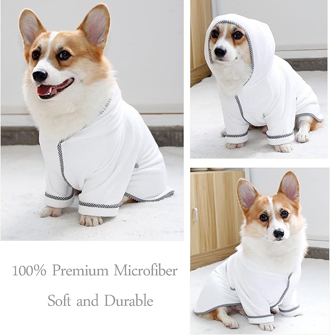Dog Bathrobe, Microfiber Fast Drying Absorbent Hooded Bath Towel White for Puppy Small Medium Large Dog Cat (L, White)