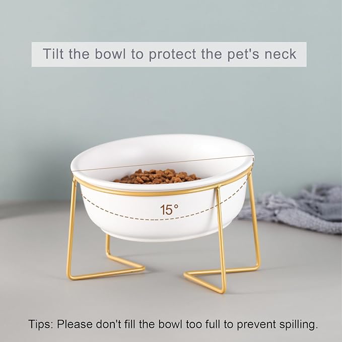 White Large Ceramic Tilted Elevated Cat Dog Bowl Raised Cat Food Water Bowl Dish Pet Comfort Feeding Bowls with Gold Iron Stand