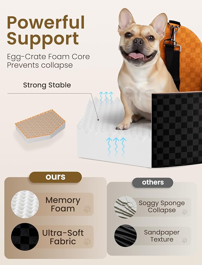 Dog Car Seat for Small/Medium Dogs, Elevated Dog Booster Seat with Memory Foam Cushion for Dogs Under 35lbs, Detachable Washable Pet Car Seats with Storage Pockets & 2 Safety Belts (Brown)