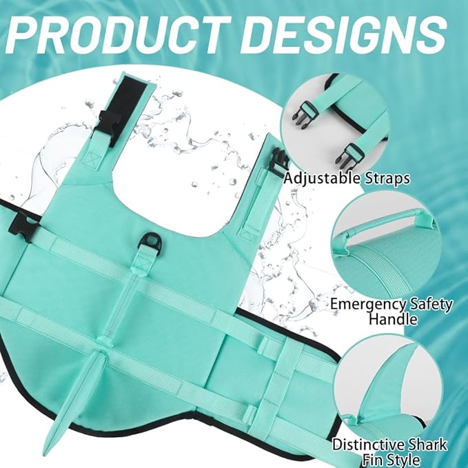 EMUST Shark Life Jackets for Dogs, Adjustable Ripstop Dog Life Vest for Water Safety Pet Life Vest with Rescue Handle Safety Vest for Swimming Pool Beach Boating, (L,SolidTurquoise)
