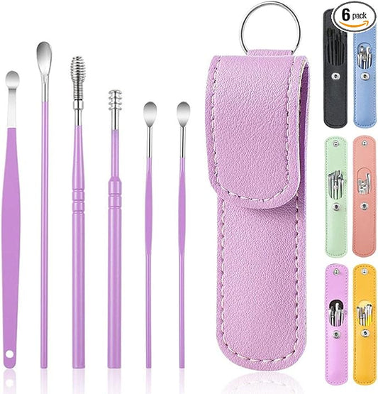 6 Pcs Ear Pick Ear wax Removal Kit Cleansing Tool Set Curette Cleaner 360° Spiral Design Canal Cleaner Stainless Steel,with a Storage Box Portable Kit for Home and Travel(Purple) 11.7*2.8*2cm