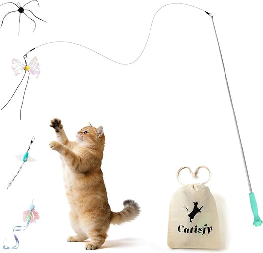 Cat Wand Toy – Retractable Wand with 4 Feather Toy Refills for Indoor Cats Enrichment, Interactive Cat Toy for Bored Adult Cats and High-Energy Kittens (BioBugs Serie 2.0)