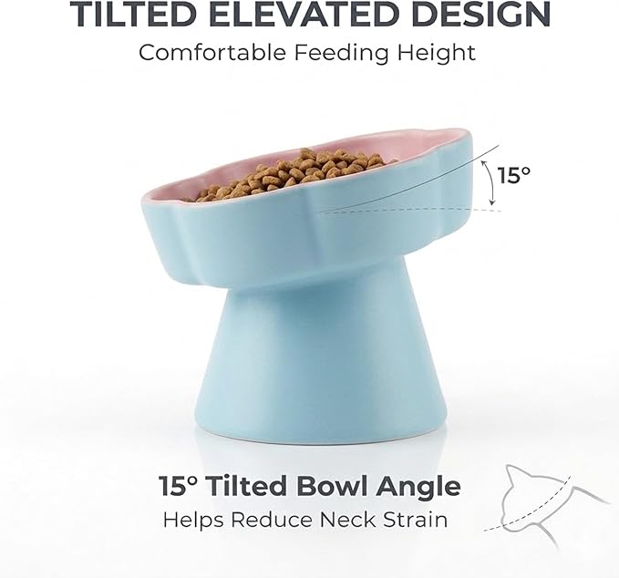 Elevated Ceramic Slow Feeder Cat Bowl, 15° Tilted Feeding Dish Helps Reduce Fast Eating and Vomiting, Whisker-Friendly Heavy Smooth Matte Ceramic, Dishwasher Safe (Blue/Pink)