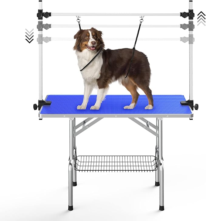 Lyromix 46" Foldable Dog Grooming Table For Large Dog, Adjustable Pet Grooming Table, Maximum Capacity Up to 300LB, Blue