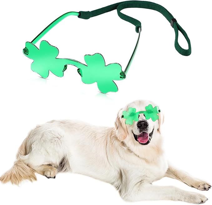 St. Patrick's Day Dog Sunglasses with Adjustable Strap, Green Shamrock Pet Glasses Accessory for Medium Large Dogs Cats, Irish Festival Parade Costume & Photo Prop(General)