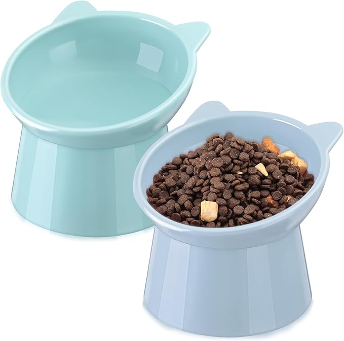 Zhehao 2 Pcs Elevated Cat Bowl Set, Tilted 15° Plastic Raised Food and Water Bowls Anti Vomit Pet Feeding Dishes for Indoor Cats/Small Dogs(Cat Ears,Light Green, Blue)