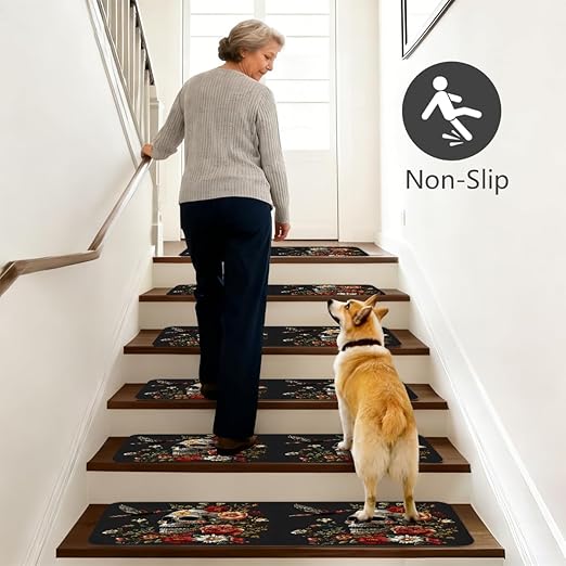 Abstract Skull Colorful Flower Stair Treads for Wooden Steps Indoor Washable Staircase Carpet 15PCS 30"x7.8" Stair Step Treads Non-Slip Staircase Covers Peel and Stick Safety Mat for Kids Elders Pets